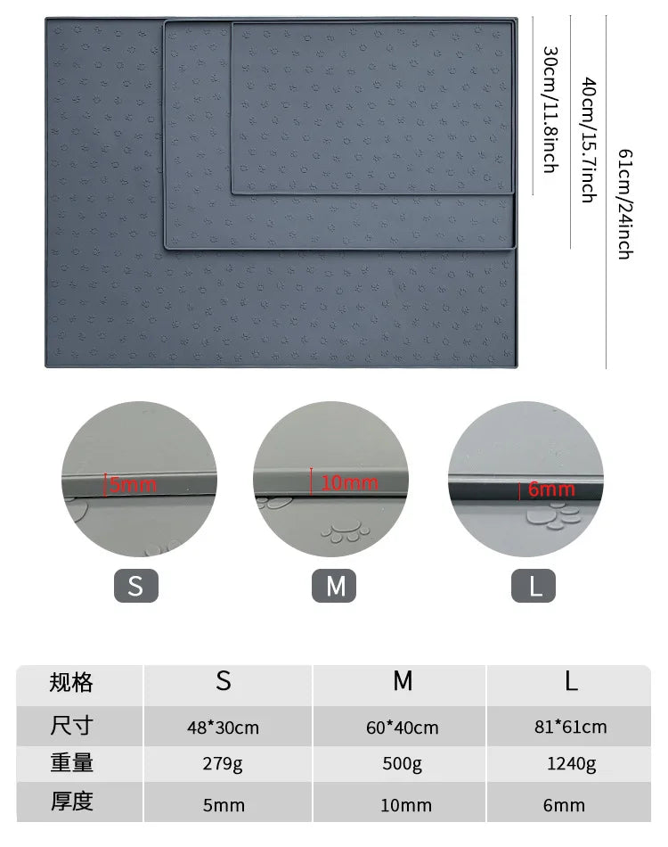 A set of silicone pet feeding mats in sizes S, M, and L with corresponding dimensions and weights.