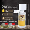 A white submersible aquarium filter with a 20W motor and a 2-filter bucket, shown next to various filter media.