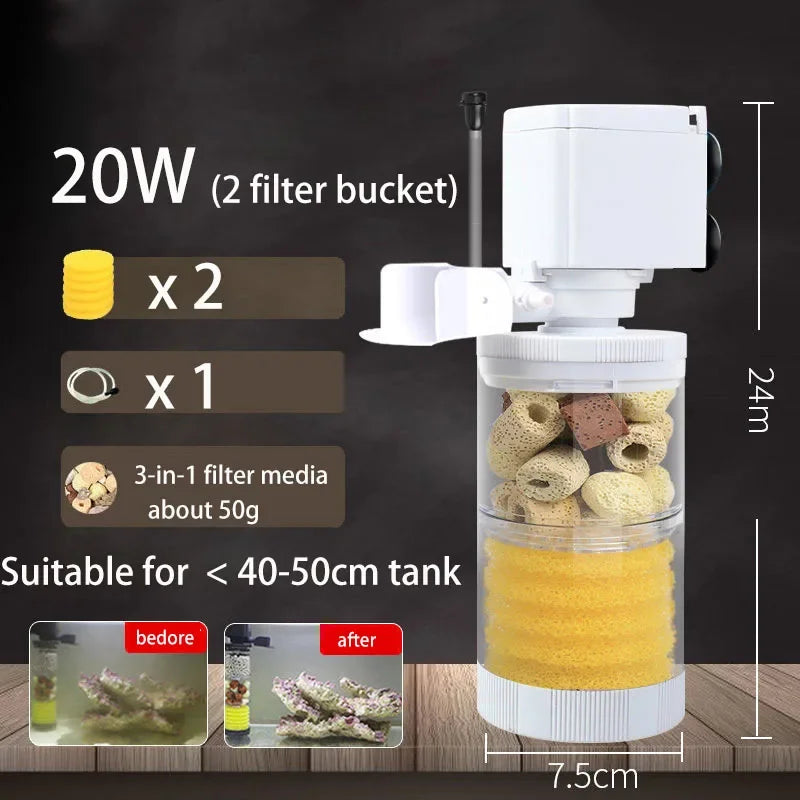 A white submersible aquarium filter with a 20W motor and a 2-filter bucket, shown next to various filter media.