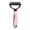 A pink stainless steel pet deshedding comb with black handles.