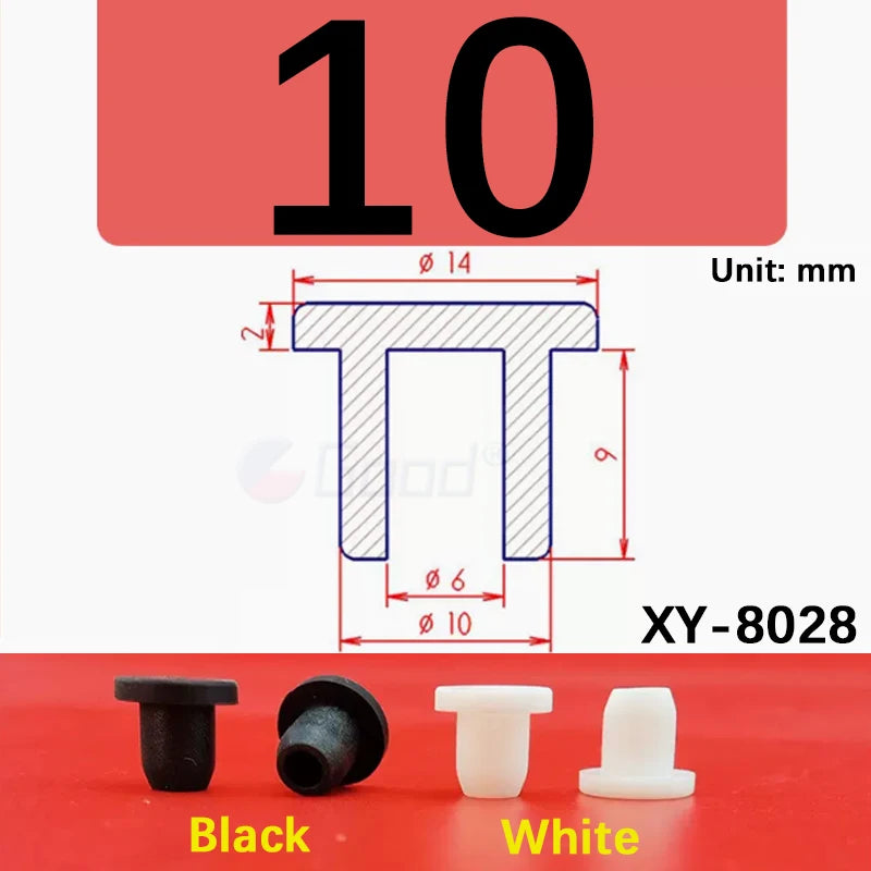 Ten silicone rubber hole plugs shown in black and white, with technical drawing details.