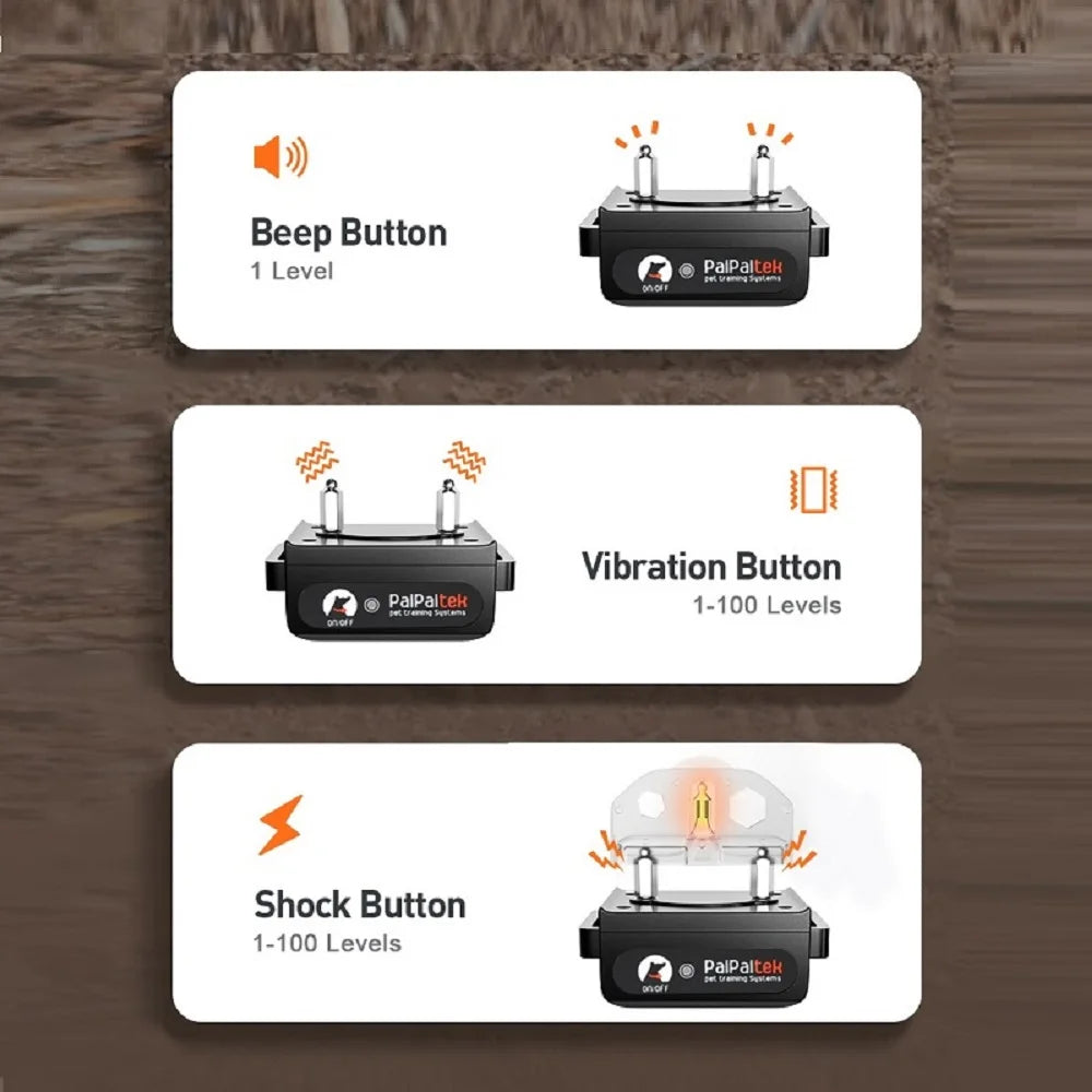 Three different buttons for a PetPaltek dog bark collar: Beep, Vibration, and Shock.