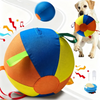 A colorful inflatable dog training ball with a durable cover is shown next to a golden retriever.