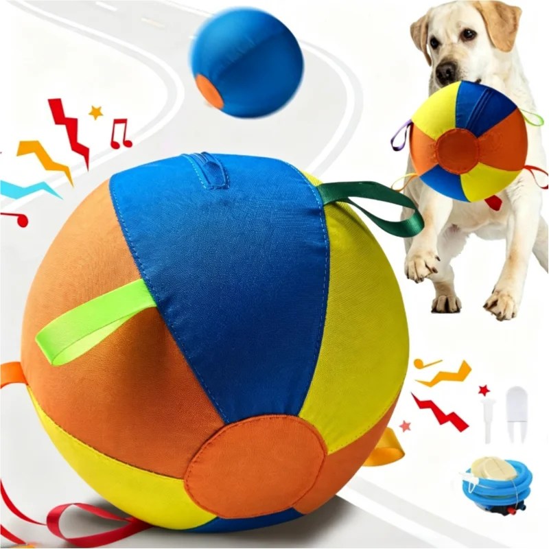 A colorful inflatable dog training ball with a durable cover is shown next to a golden retriever.