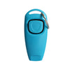 A bright blue 2-in-1 dog training clicker and whistle attached to a key ring.