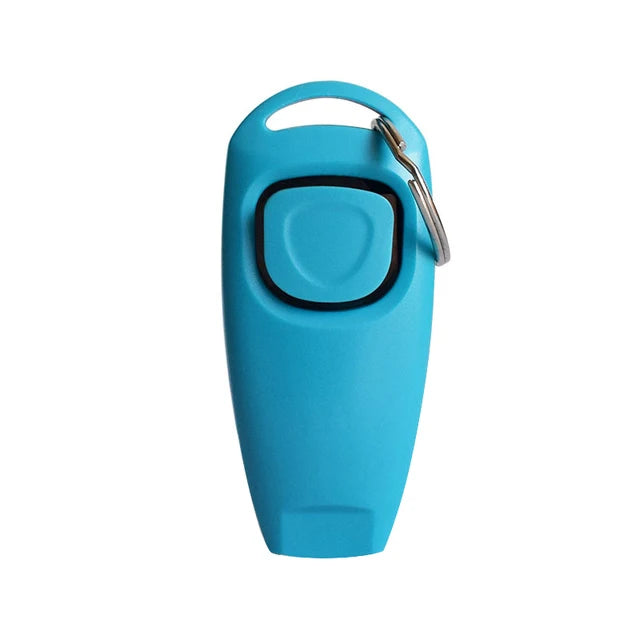 A bright blue 2-in-1 dog training clicker and whistle attached to a key ring.