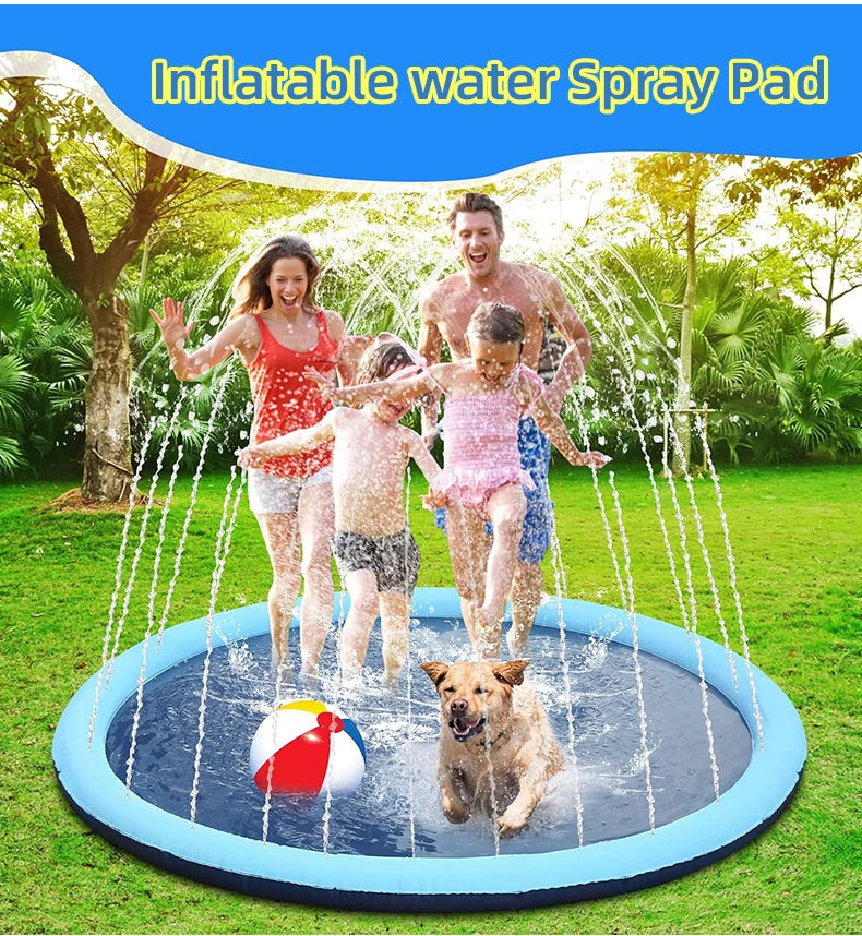 An inflatable water spray pad with a blue rim is being used for dog play in a grassy outdoor setting.