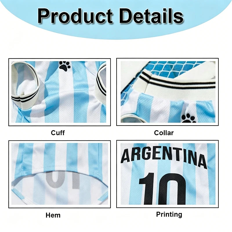 Details of an Argentina football jersey for dogs and cats showing the cuff, collar, hem, and printing