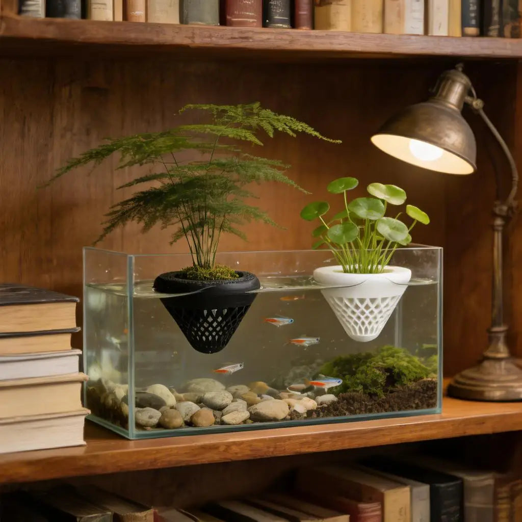 A glass aquarium features various aquatic plants and stones, displayed on a wooden shelf.