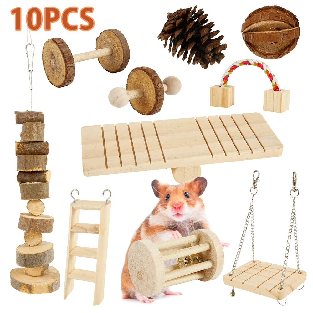 Natural Wood Chewing Toy Set for Small Pets