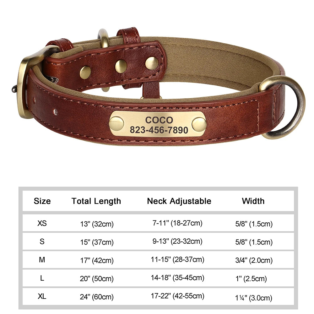 Brauner Lederhalsband für Hund mit Messing-Schnalle und graviertem ID-Tag 823-456-7890.