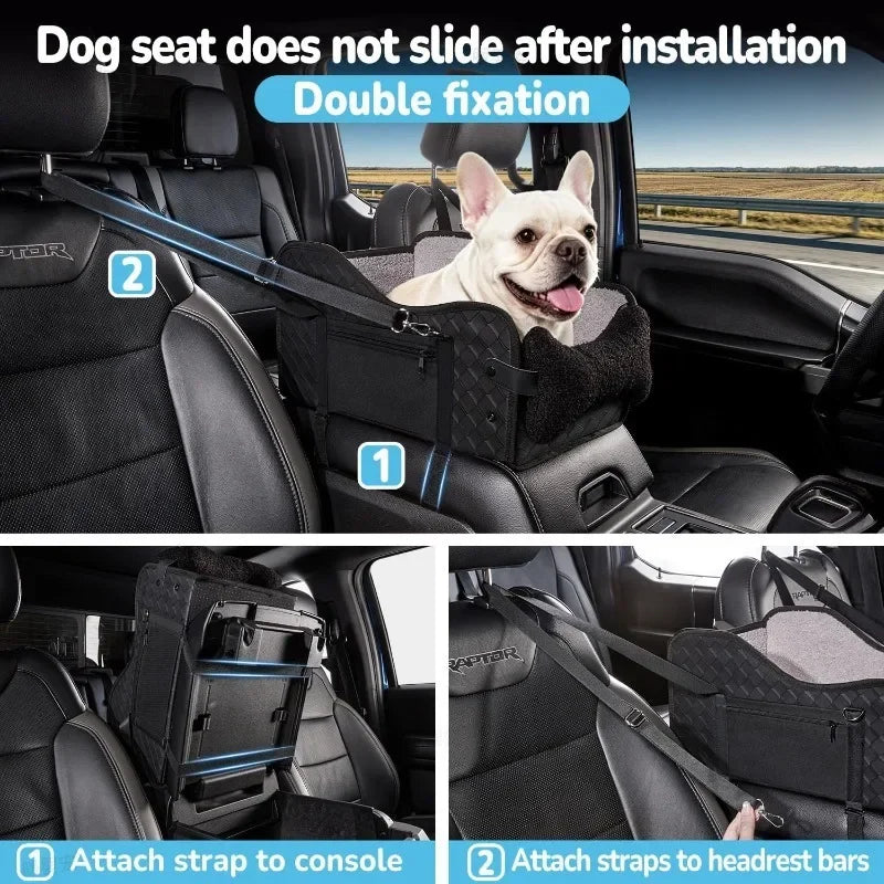 A dog is sitting in a black car seat, demonstrating a double fixation system for secure installation.