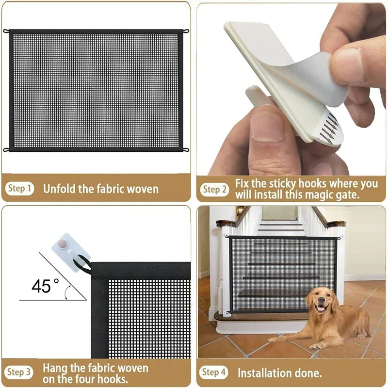 Foldable Mesh Pet Gate with Adhesive Hooks – No-Drilling Safety Barrier