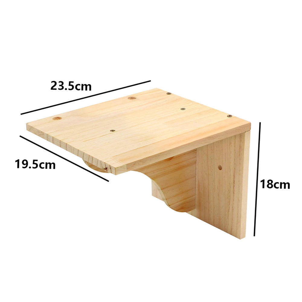 A wooden wall-mounted cat climbing rope with wooden pedals shown from the side and top view.