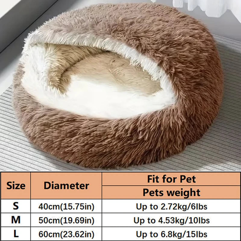 A round, brown faux fur pet bed with white trim shown on a light gray surface.