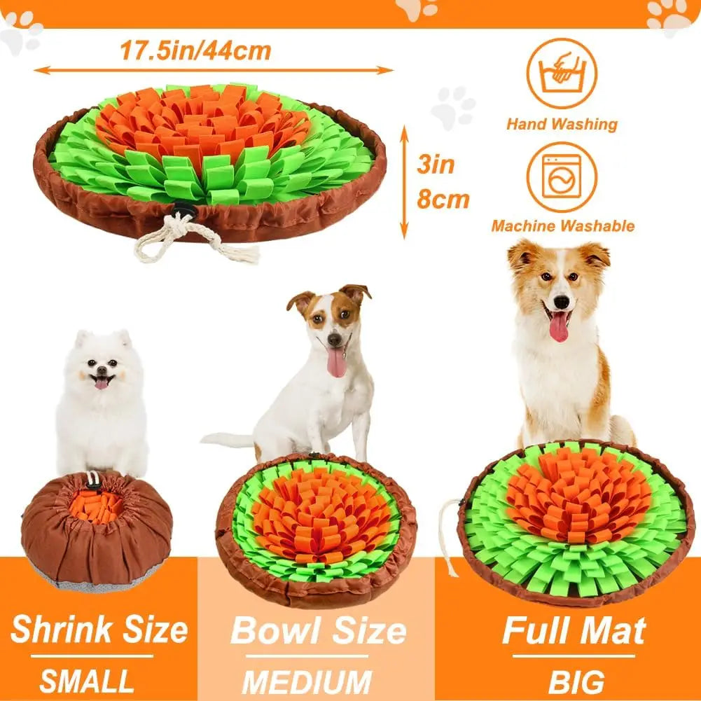 An orange snuffle mat for dogs showing small, medium, and big sizes with corresponding dimensions.