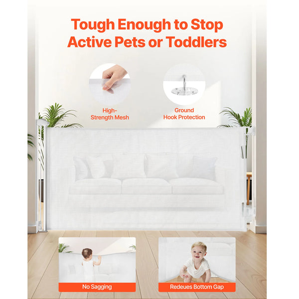 White retractable mesh safety gate with high-strength mesh and ground hook protection for pets or toddlers