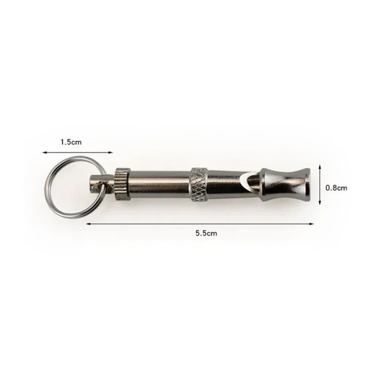 Stainless steel ultrasonic dog training whistle with a metal ring and a cylindrical body.
