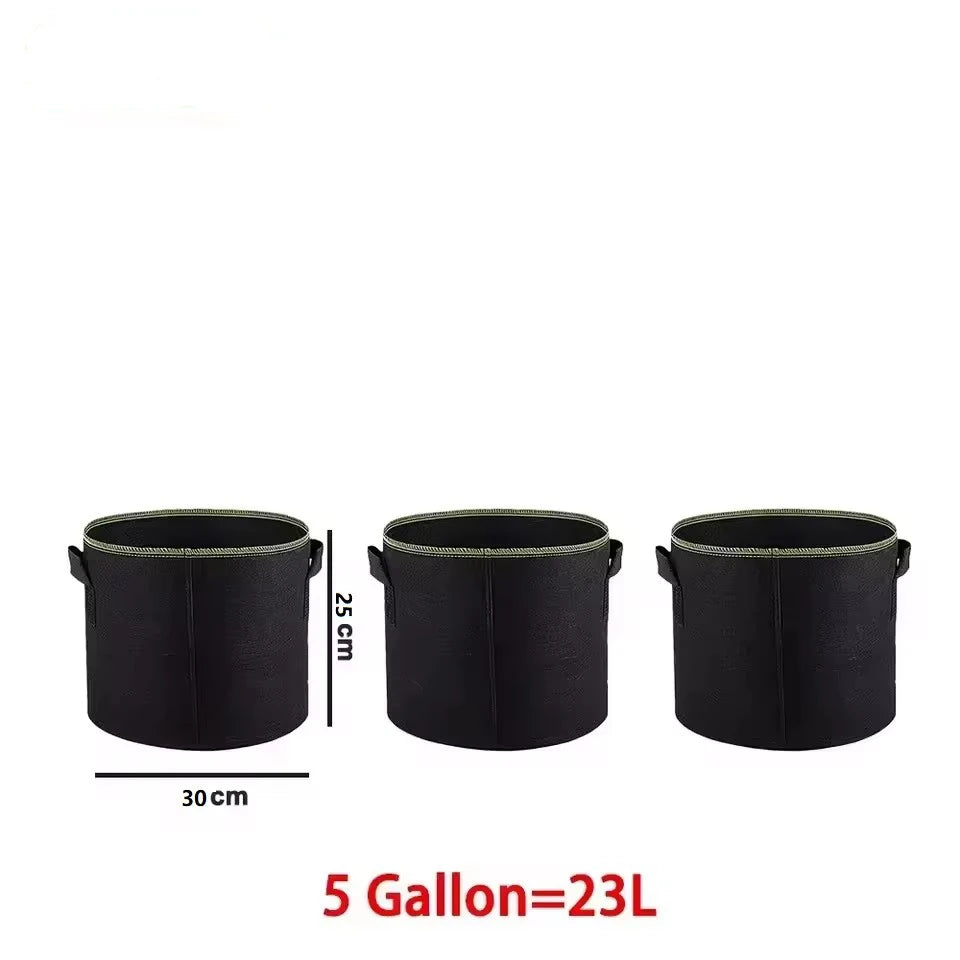 Black non-woven aeration grow bags with handles, shown in various sizes and dimensions.