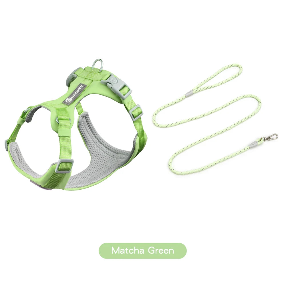 A lime green adjustable dog harness and matching leash set.