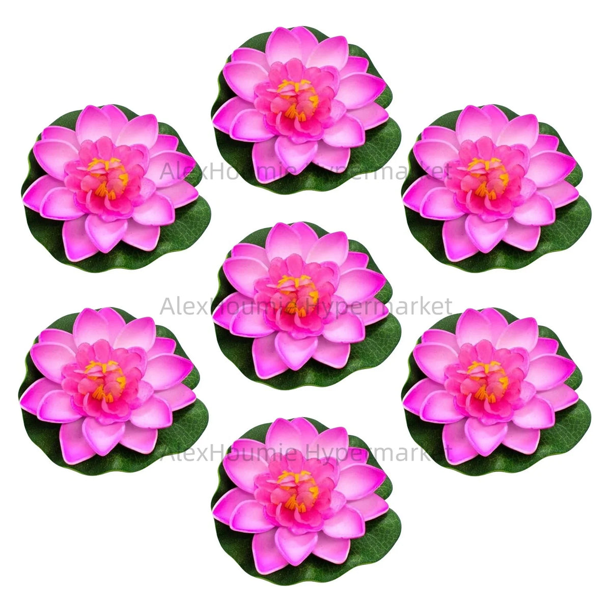 A set of seven pink lotus flowers with green lily pads floating on water.