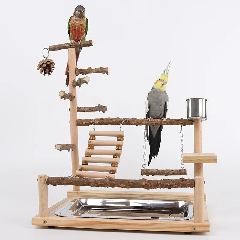 A wooden parrot climbing platform featuring branches and a silver bath tray.