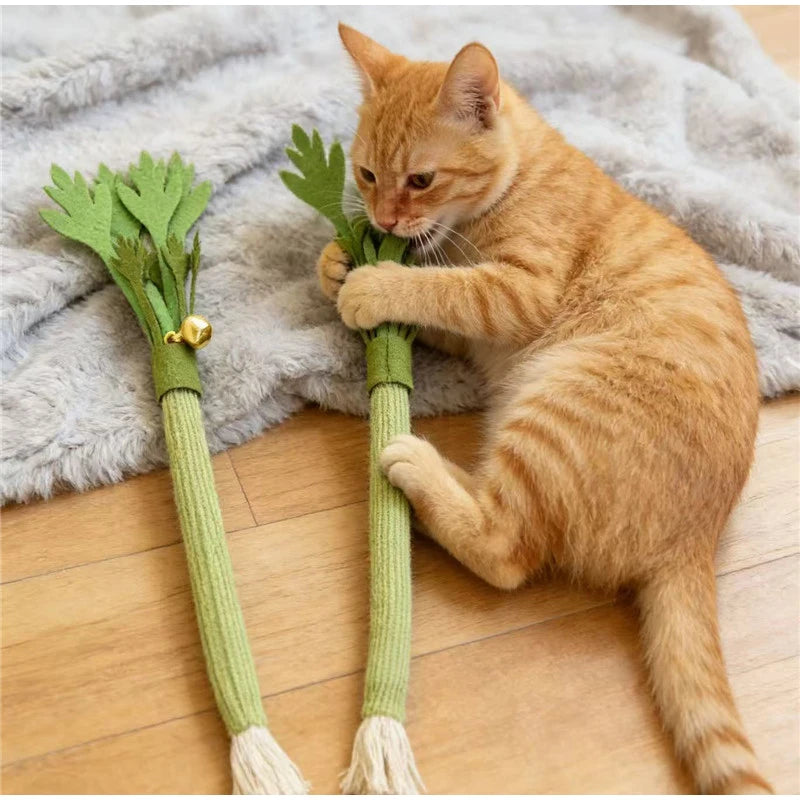 An orange tabby cat is interacting with a green catnip chew stick and squeaker on a wooden floor.