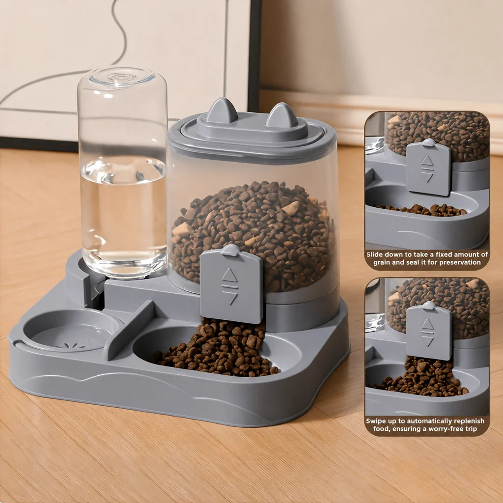 A gray gravity cat feeder and water dispenser with a transparent container for food and water.