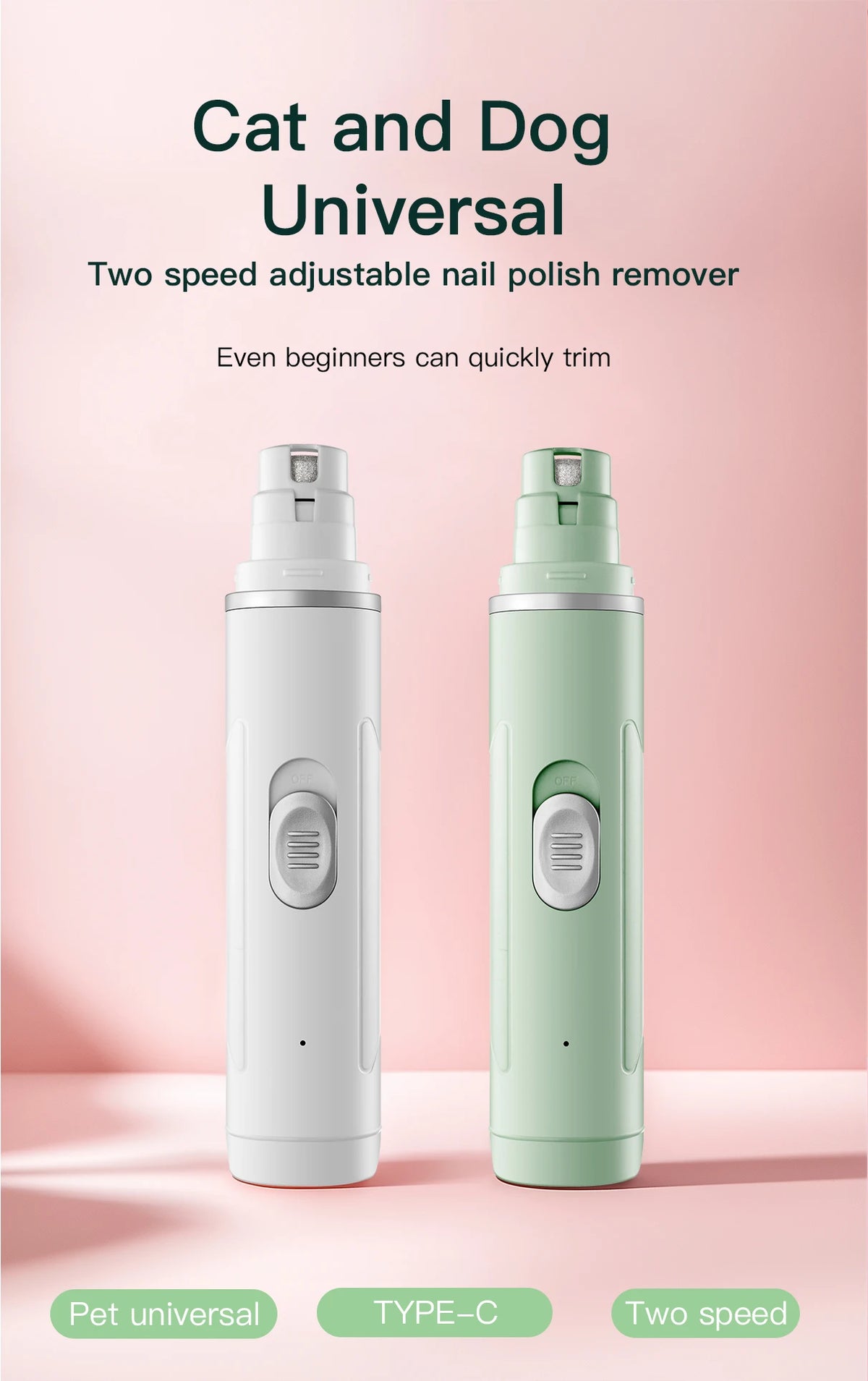 Two speed adjustable nail polish remover device shown in white and mint green colors.
