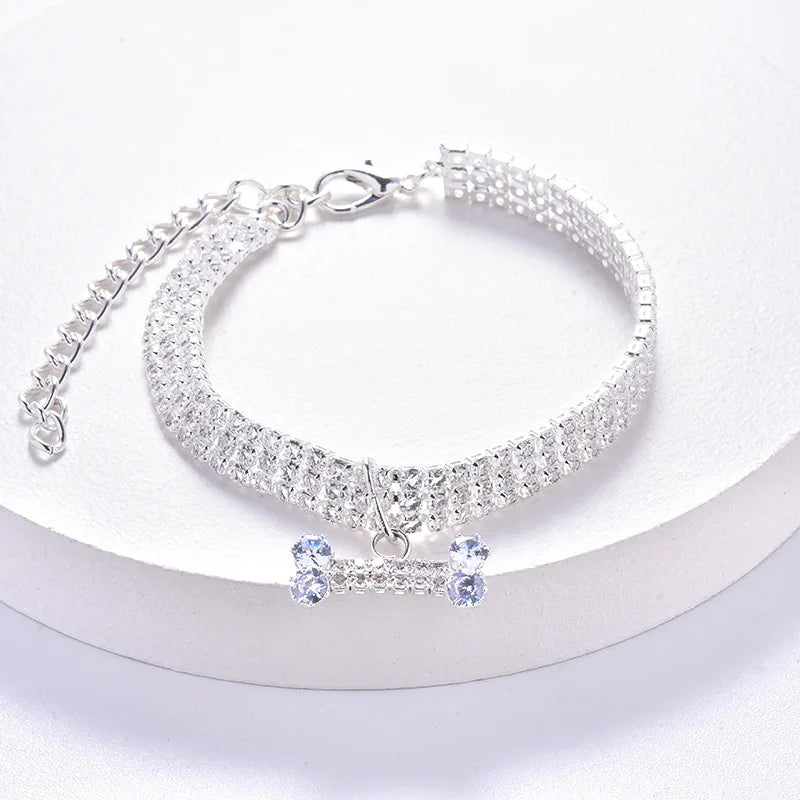 Crystal Rhinestone Dog Collar with Bone Pendant