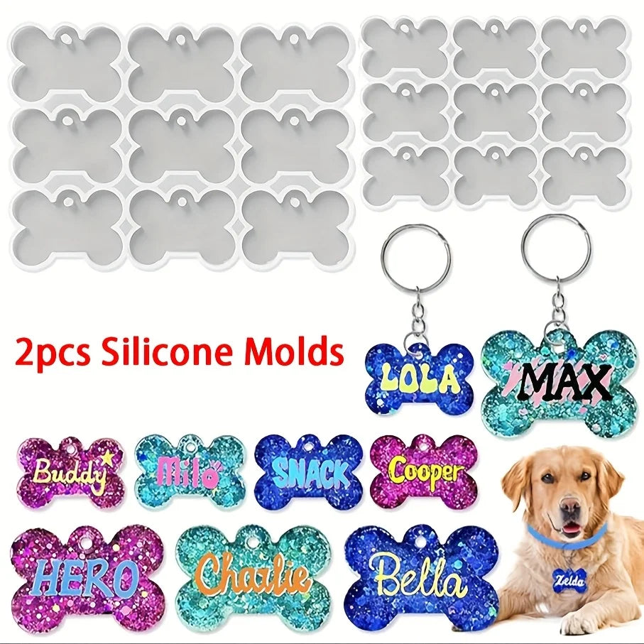 Two silicone molds featuring various pet shapes like dog bones, and characters such as Lola, Max, Buddy, Hero, and more for r