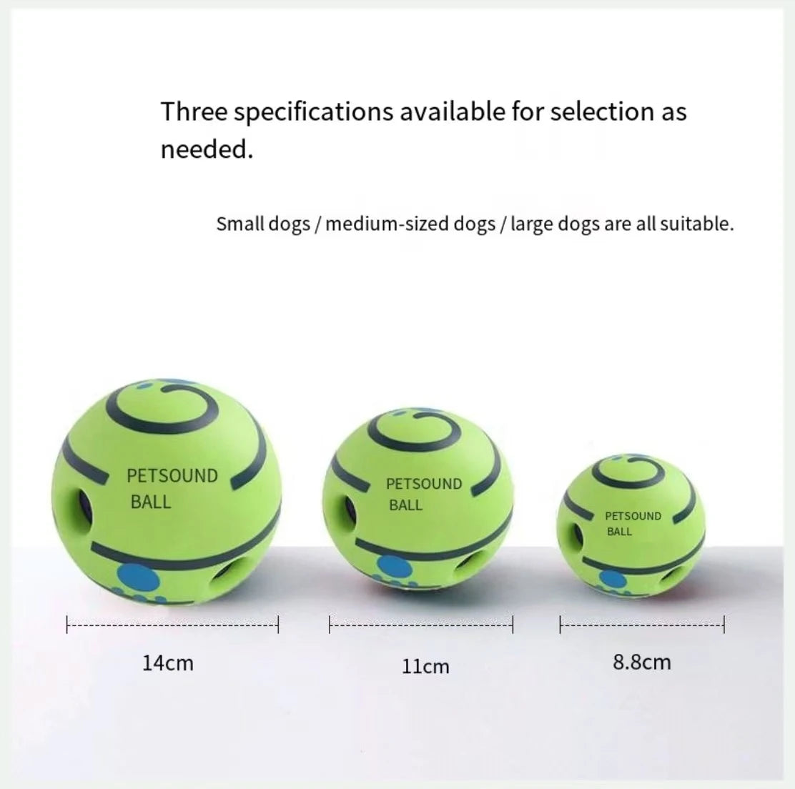 Tres tamaños de pelotas Petsound verdes para perros, con diámetros de 14cm, 11cm y 8.8cm.