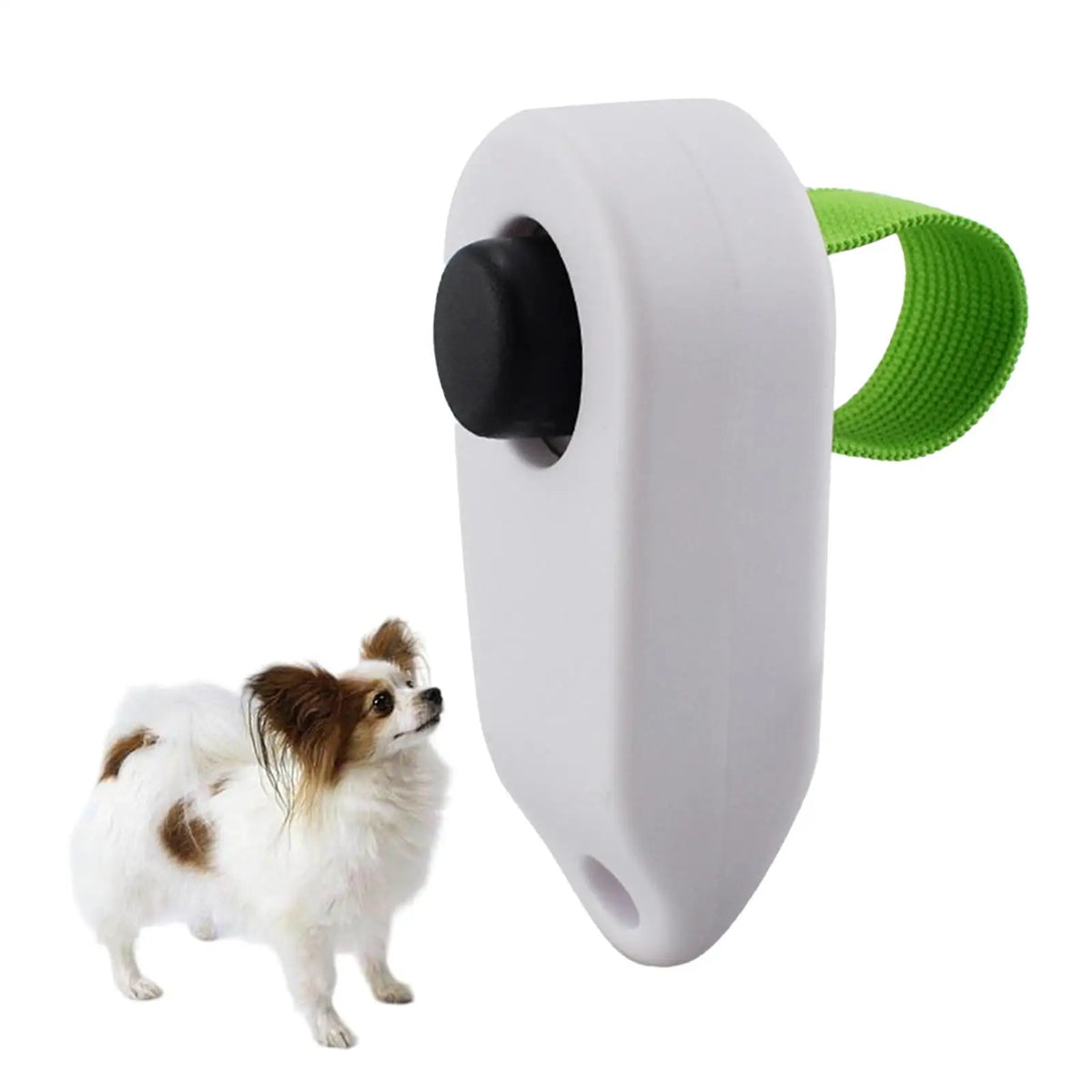 Un cliquet portable pour chien blanc avec un bouton noir et une sangle verte, à côté d'un petit chien blanc et brun.