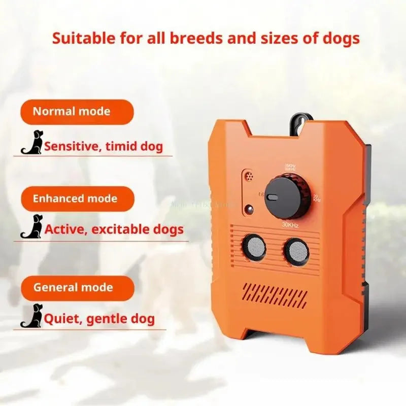 Orange ultrasonic dog bark deterrent device with modes for normal, enhanced, and general use