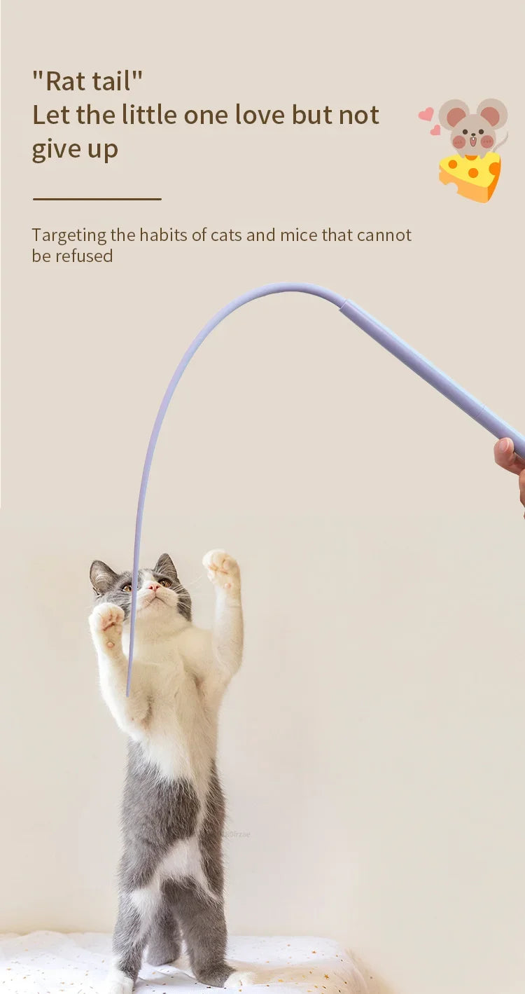 A cat is interacting with a purple silicone tail toy designed to target the habits of cats and mice.