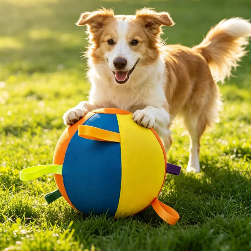 A happy dog sits next to a colorful inflatable training ball with an orange, blue, and yellow cover on green grass.