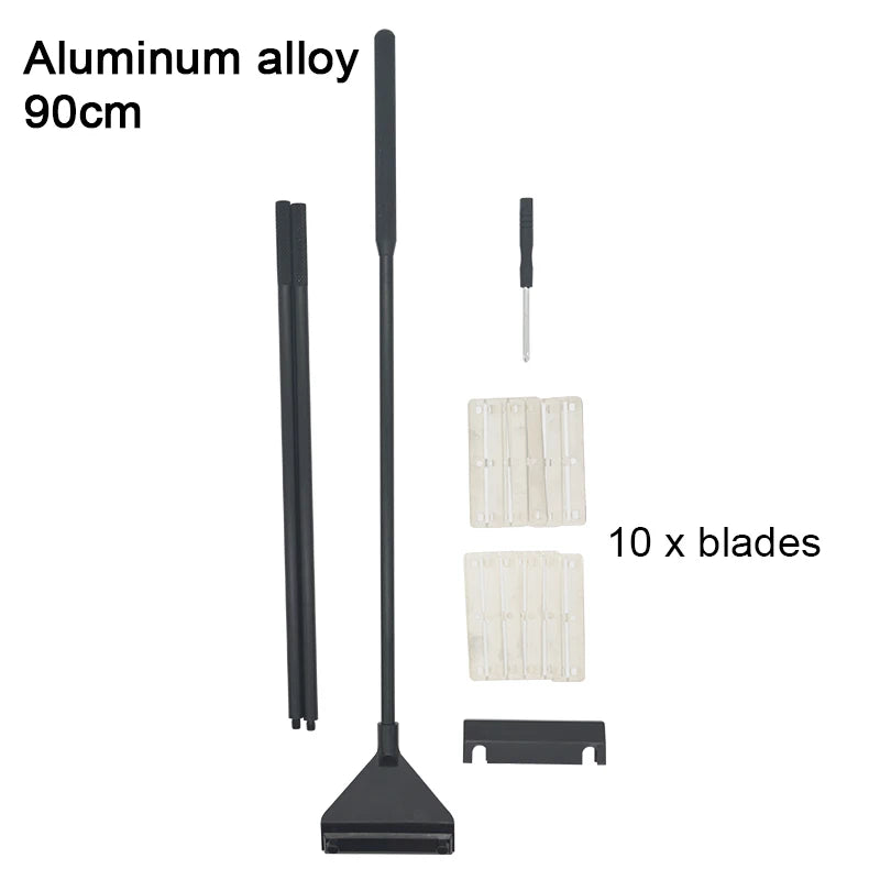 Schwarzer Aluminium-Werkzeug zum Abkratzen von Algen, ausziehbar mit 90 cm Länge und mehreren Klingen.