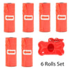A set of six orange reusable pet poop bag dispensers with leash clips.