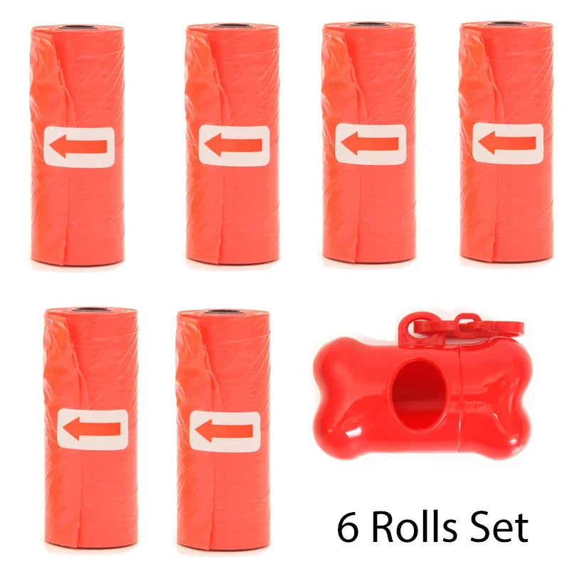 A set of six orange reusable pet poop bag dispensers with leash clips.