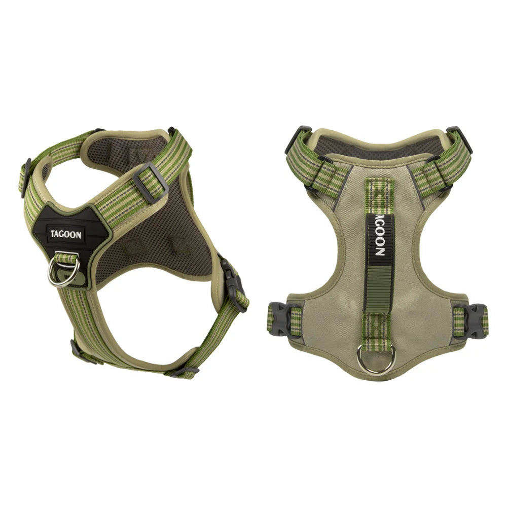 A tan and olive green no-pull dog harness with a handle for small, medium, and large breeds.