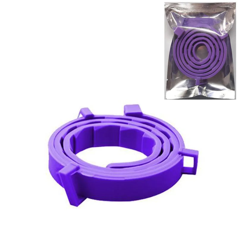 Collar natural morado para mascotas, calmante contra la ansiedad, mostrado en paquete plástico y suelto