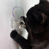 Eine schwarze Katze hält einen klaren, runden Haustierhaarkeychain mit einer lila Schlaufe.
