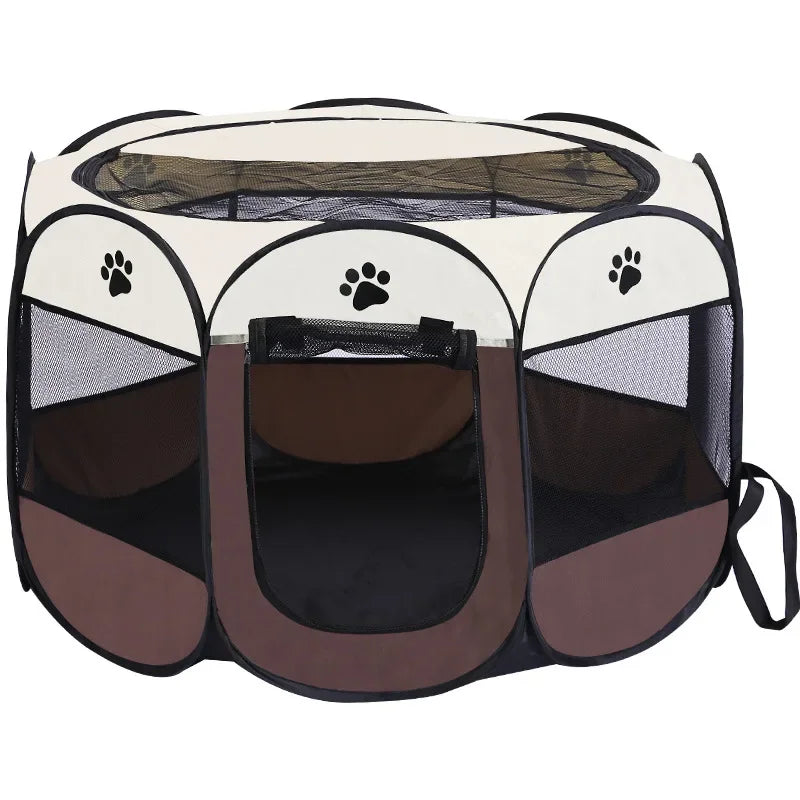 A portable foldable pet tent and playpen with a black mesh enclosure and tan fabric base.