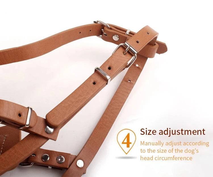 A brown leather dog muzzle with a metal frame is shown, demonstrating size adjustment.