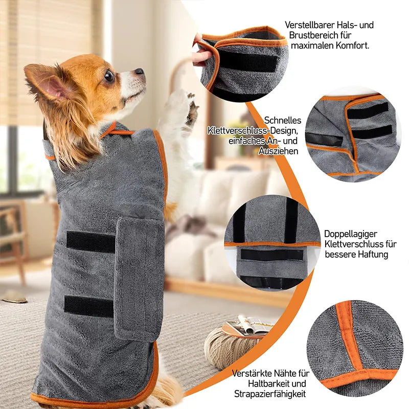 Gray dog bathrobe with orange trim shown on a dog, highlighting features like quick closure and reinforced stitching.