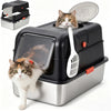 A black and silver enclosed litter box for cats with a food dispenser and a spoon visible.