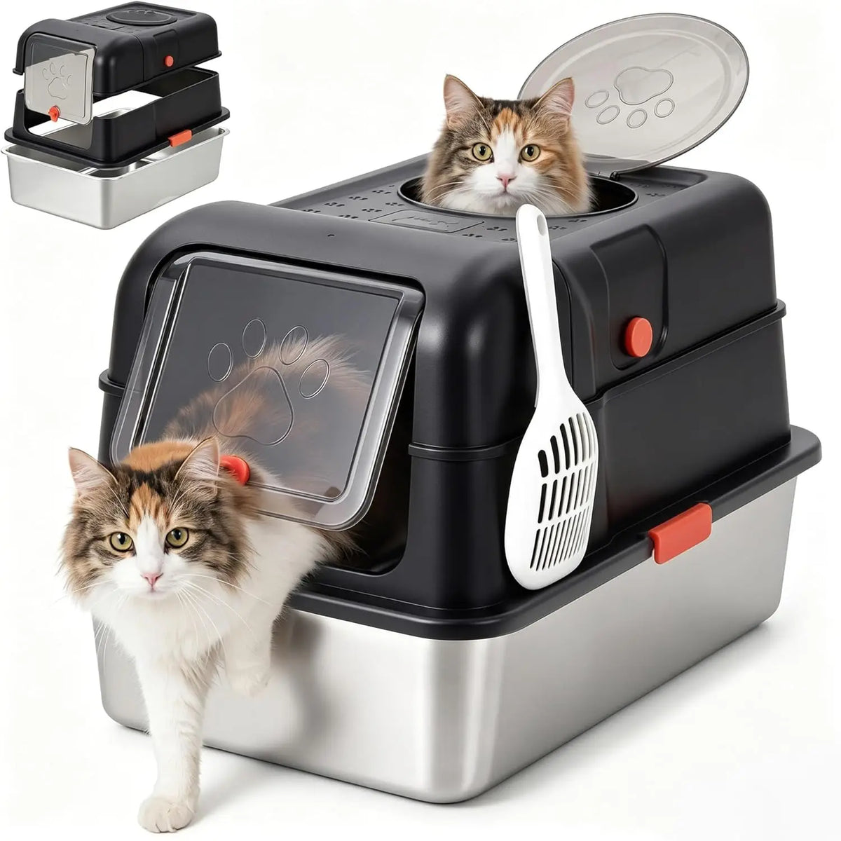 A black and silver enclosed litter box for cats with a food dispenser and a spoon visible.