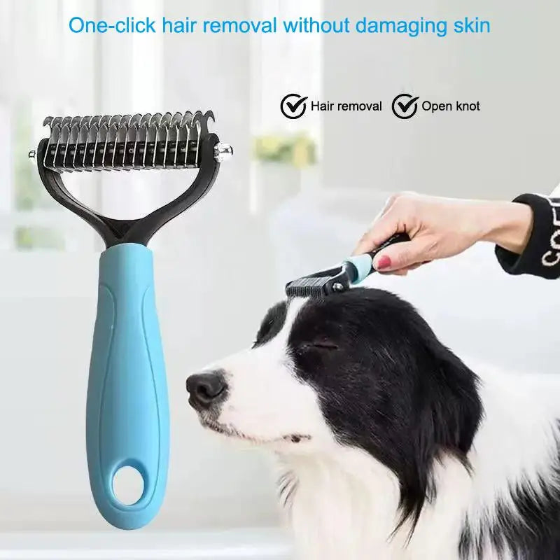 A blue pet hair removal brush is shown being used on a dog's coat.