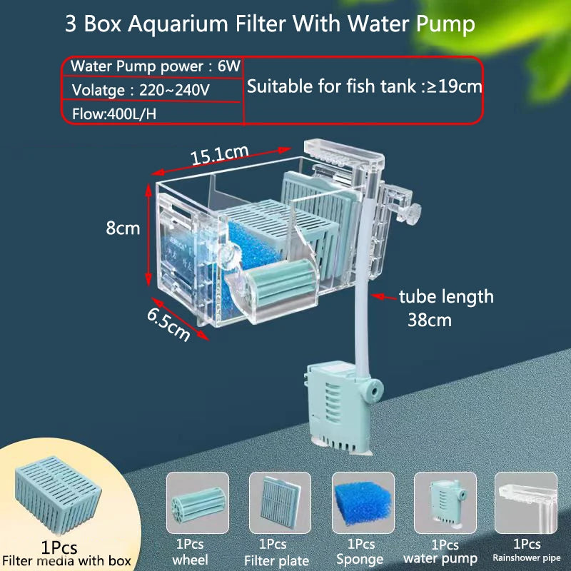 A 3 box aquarium filter system showing the filter media, tube, and water pump components.