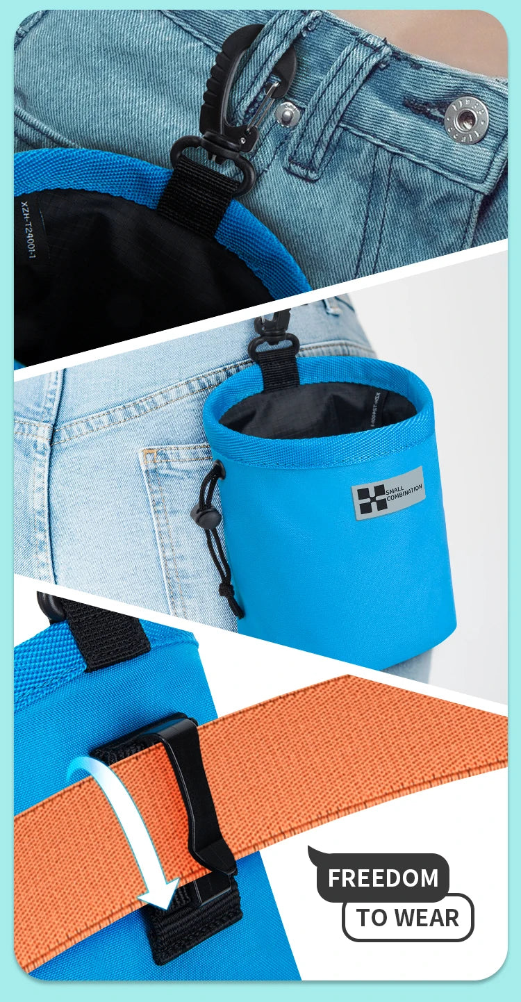 Bolsa portátil de premios para entrenamiento de perros azul brillante con correa naranja sobre tela vaquera.